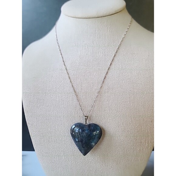 925 Sterling Silver Blue Jasper Heart Pendant Necklace Vintage - Picture 2 of 10